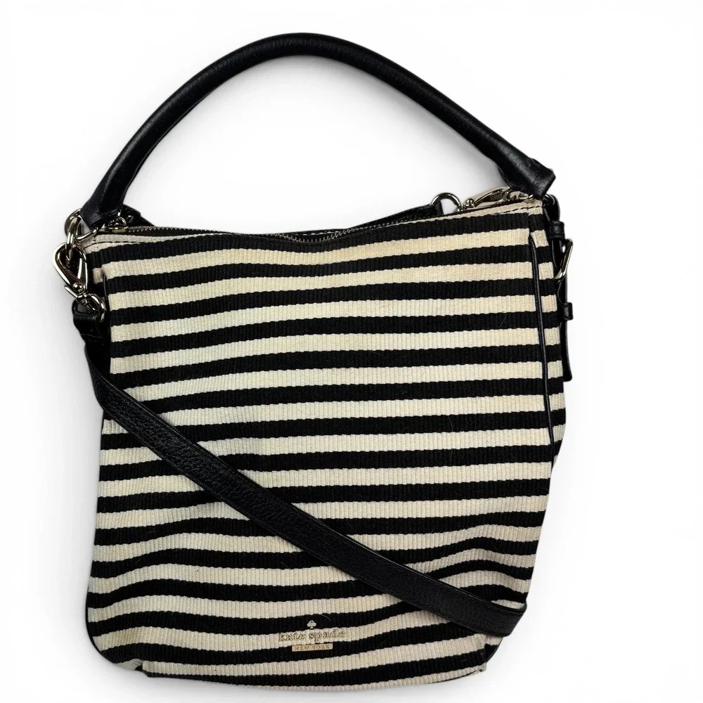 Kate Spade Black White Striped Crossbody Bag Top Handle Purse PXRU4669